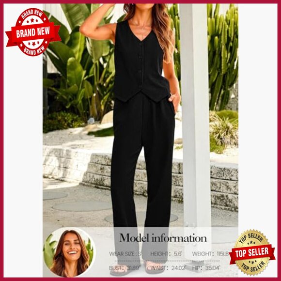 Women's Two Piece Suit Set V-Neck Crop Vest Wide Leg Pants Business Casual - Picture 3 of 7